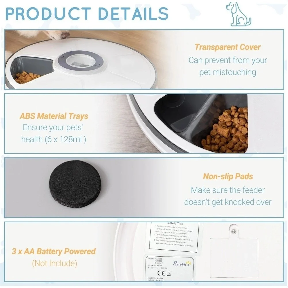 PawHut Automatic Pet Feeder 6 Meal Digital Timer Cat Dog Food Dispenser D08-027
